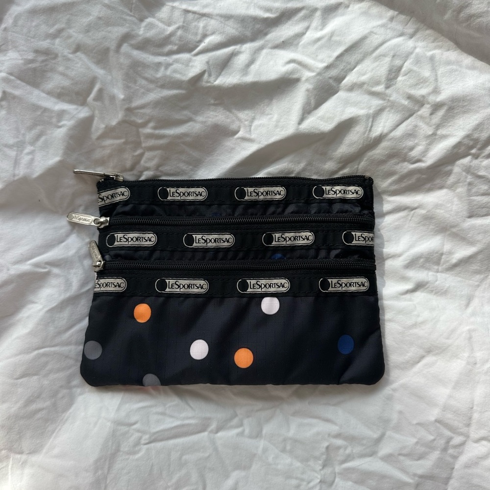 LeSportsac Black Triple-Zip Pouch with Orange, White, Gray & Blue Polka Dots